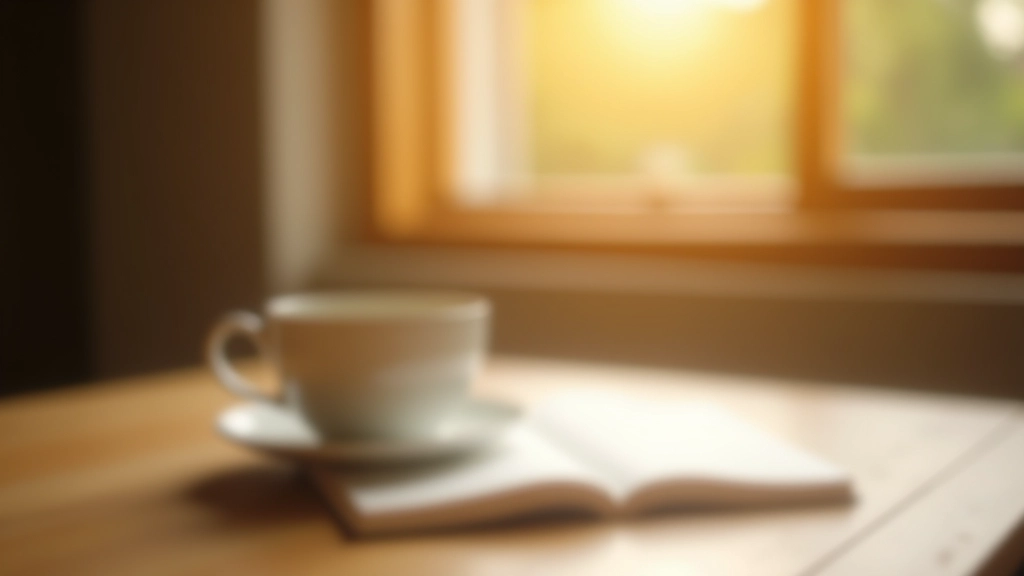 Psaní v ranních hodinách, šálek kávy na stole, tiché domácí prostředí, začátek dne plný možností