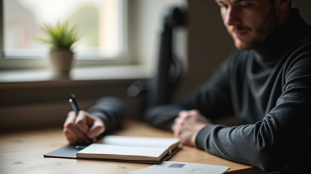 Muž s notesem psaní vlastního příběhu při kávě, intimní moment reflexe
