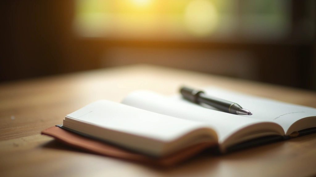 Otevřený sešit s tužkou na klidné pracovní ploše, sluneční světlo oknem, tichý okamžik reflexe