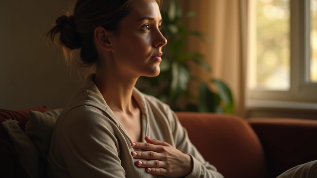 Osoba sedí v klidném prostředí a přemýšlí, se svou rukou na srdci