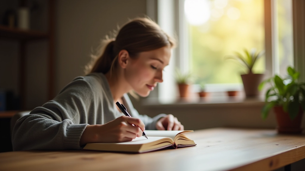 Osoba psící v deníku v klidném prostředí, reflexe a příprava na sdílení