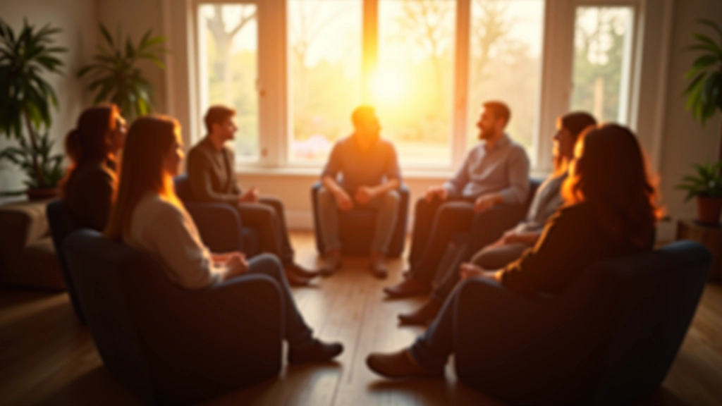 Skupinové setkání s lidmi sedícími v kruhu, otevřená komunikace a podpora v místnosti
