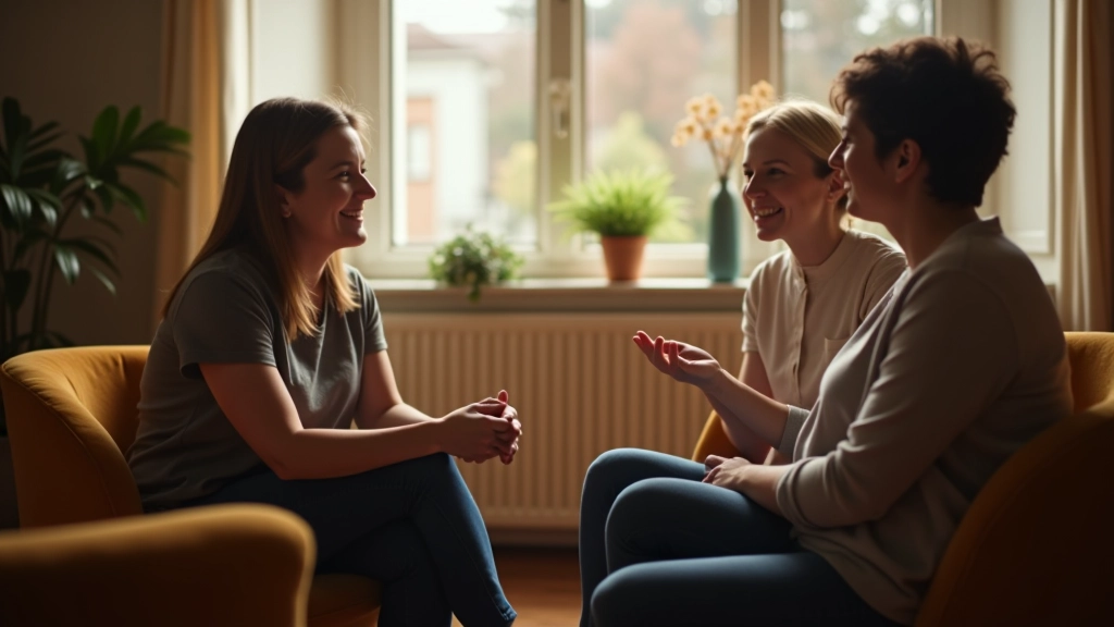 Skupina lidí sedí v kruhu a diskutuje o osobních příbězích v teplém prostředí