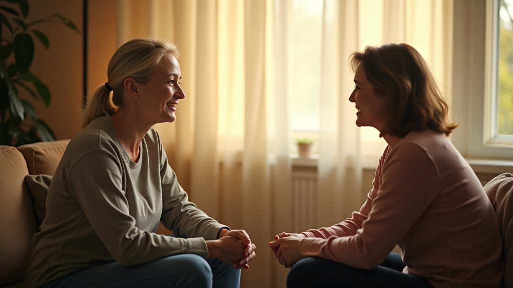 Dvě osoby v rozhovoru v klidném, bezpečném prostředí s příjemným osvětlením