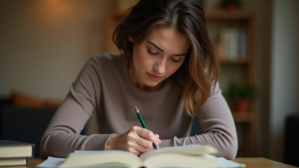 Osoba psící do deníku s vyjádřením kreativní práce a sebereflexe