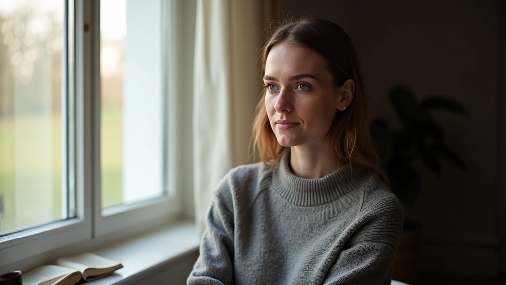 Žena v reflexi sedící u okna, přemýšlející o svých vnitřních příbězích