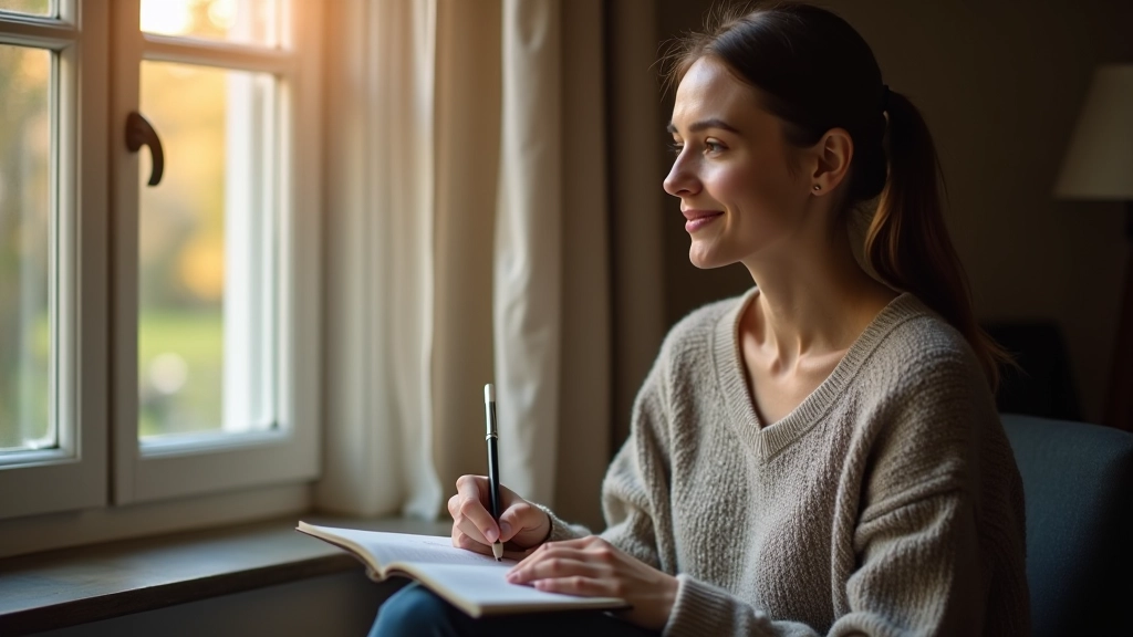 Žena sedící u okna psaní v notesem, reflexivní moment sebepozorování, přirozené světlo