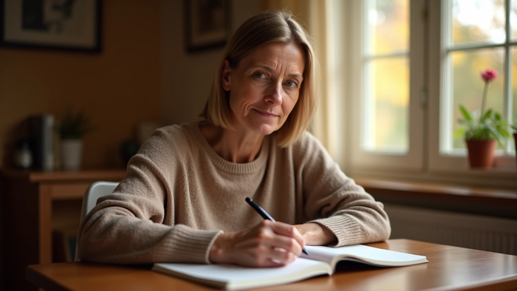 Žena si zapisuje své pozitivní vzpomínky do deníku v příjemném domácím prostředí